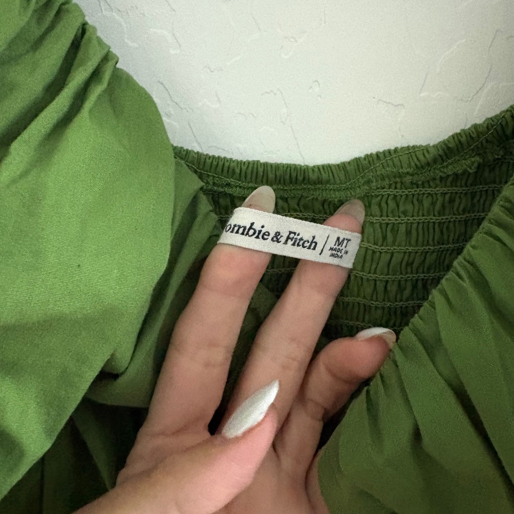 Abercrombie & Fitch Green Poplin Puff Sleeve Mini Dress Smocked Back Pockets MT - Picture 5 of 8
